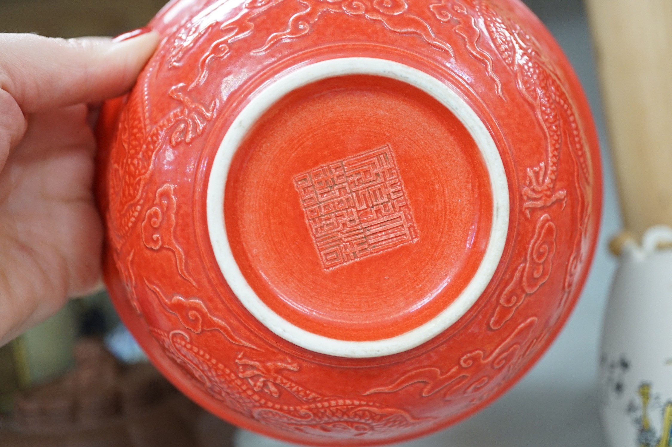 A Chinese blue and white dragon crackle glaze vase, together with a group of Chinese and Oriental ceramics. Tallest 23cm